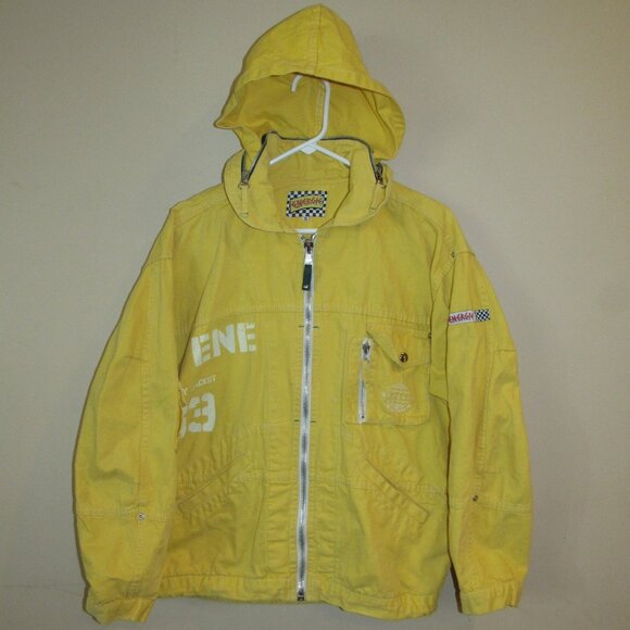 RARE Vintage 90s ENERGIE Yellow Denim Safety Jacket Spring Summer '94 Hooded S - Picture 1 of 8